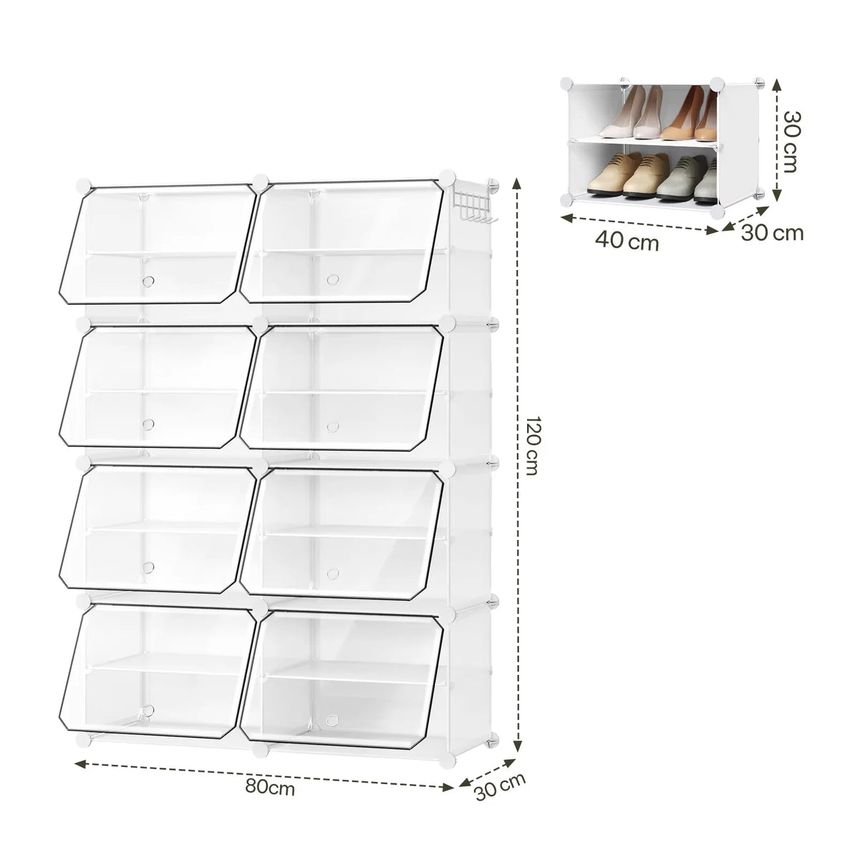 Faltbarer modularer Schuhschrank – transparenter stapelbarer Kunststoff-Schuhorganizer mit Seitenhaken für Flur und Wohnzimmer