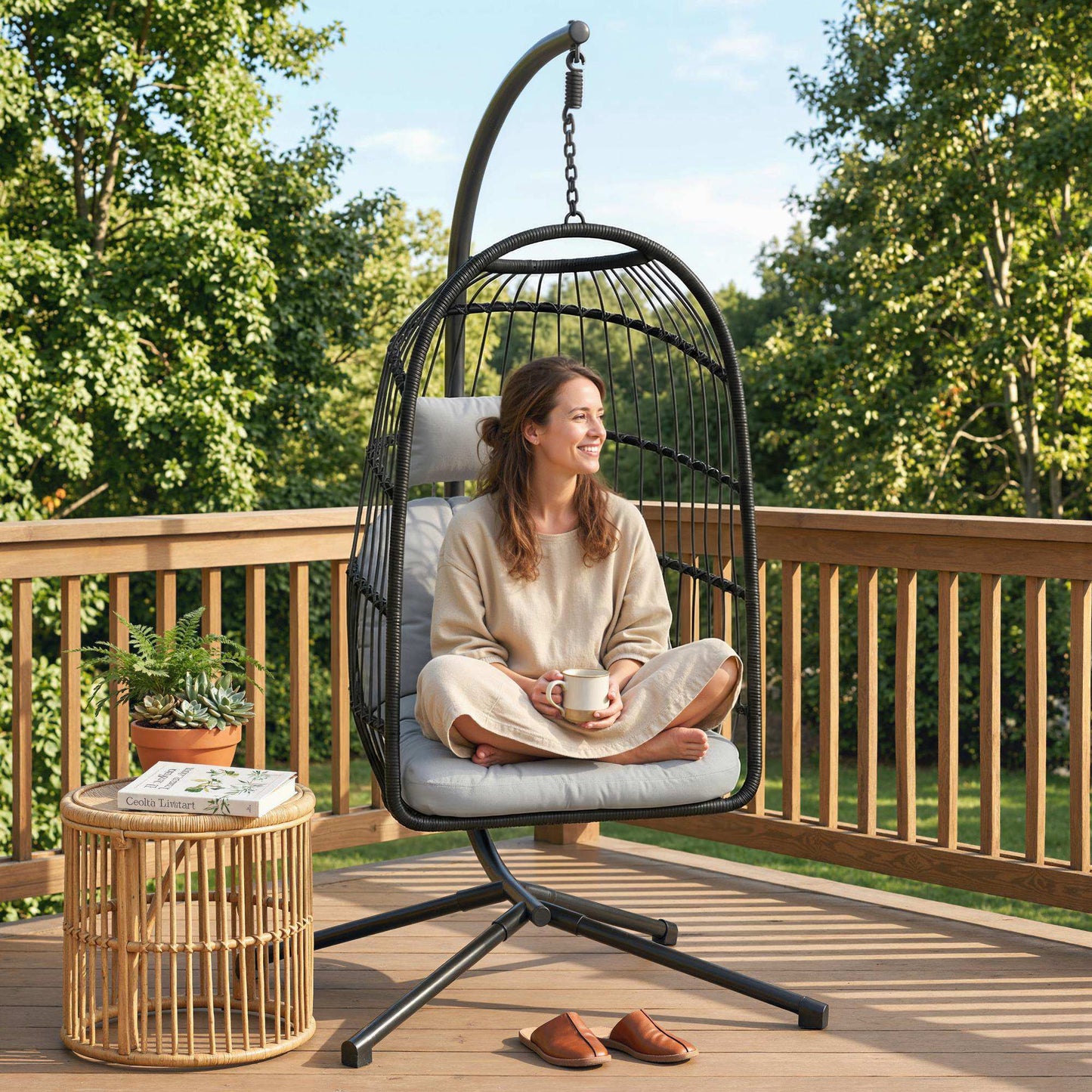 Faltbarer Hängesessel mit Gestell und Polyrattan-Korb