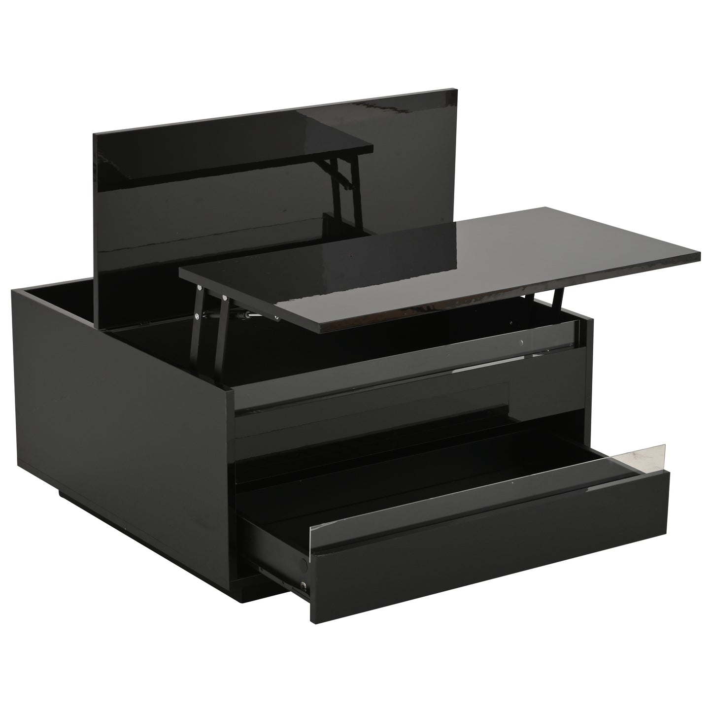 Couchtisch 70 x 70 x 38 cm mit LED-Beleuchtung, Hubfunktion, Schublade und Stauraum, Schwarz