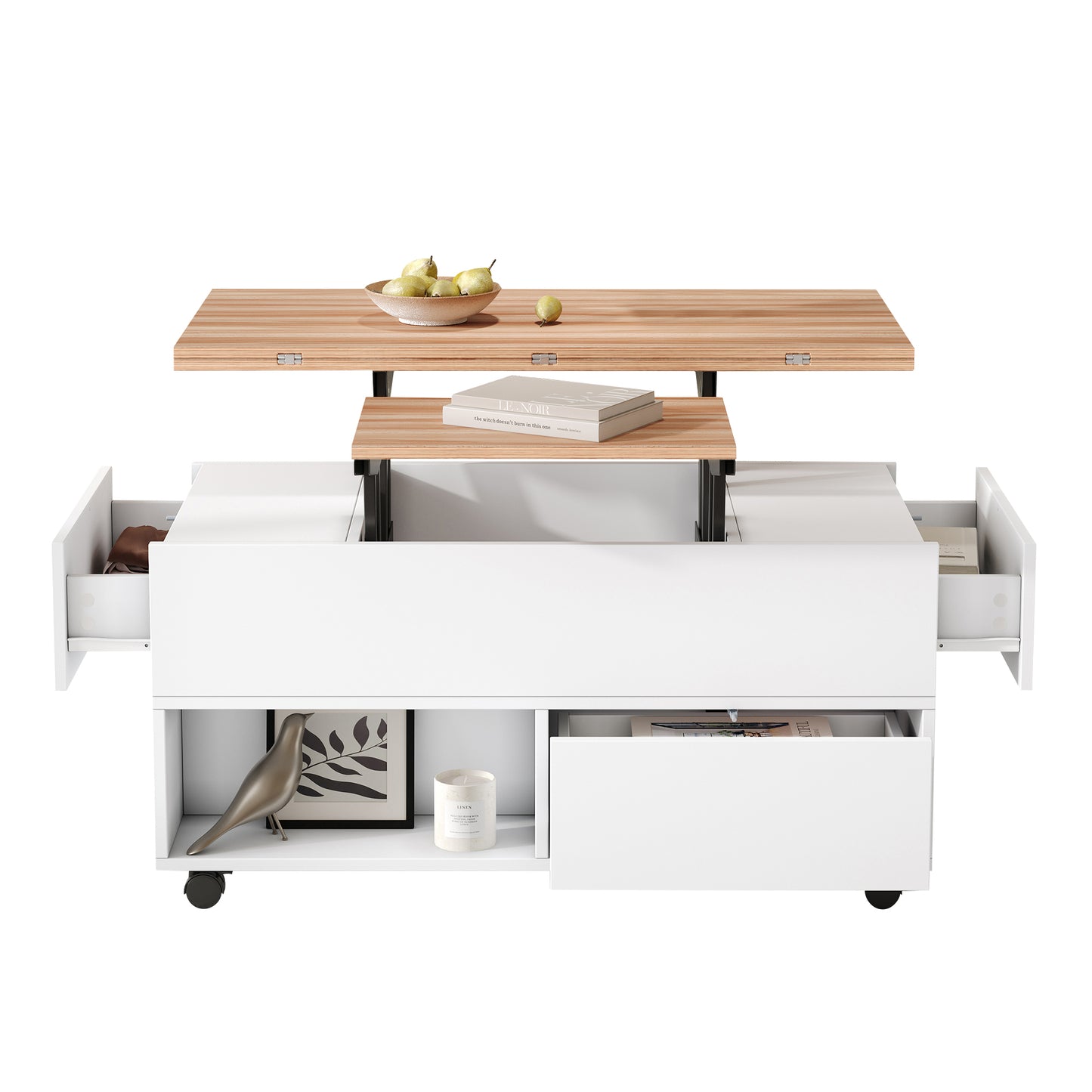 Multifunktionaler Couchtisch 100 × 50 × 52 cm mit 4 Rollen, 4 Schubladen und ausklappbarer Tischplatte in Weiß und Eiche
