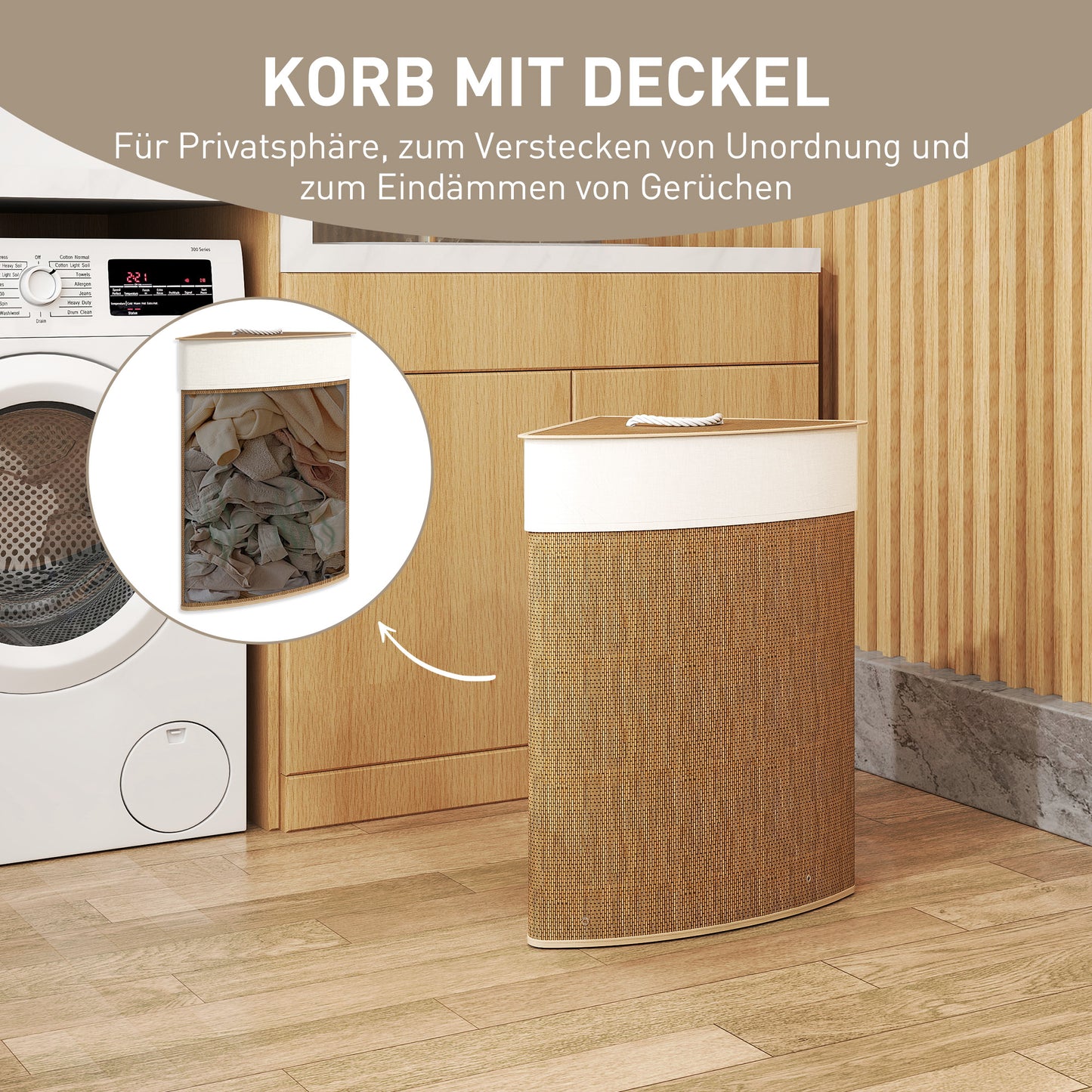 Wäschekorb Im Eckdesign, Bambusgeflecht, 55 Liter, Stoffbeutel, Metallrahmen, Braun