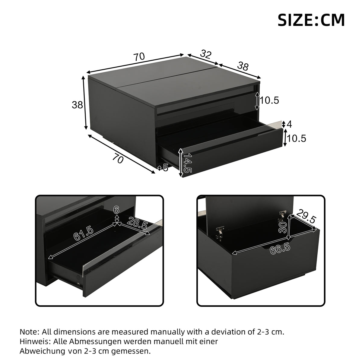 Couchtisch 70 x 70 x 38 cm mit LED-Beleuchtung, Hubfunktion, Schublade und Stauraum, Schwarz