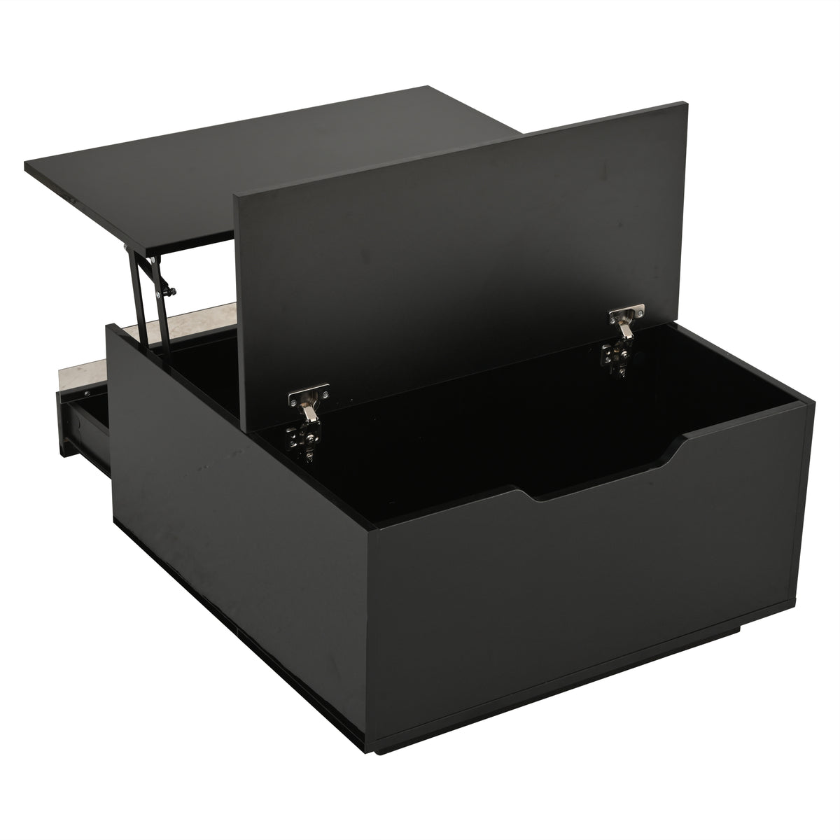Couchtisch 70 x 70 x 38 cm mit LED-Beleuchtung, Hubfunktion, Schublade und Stauraum, Schwarz