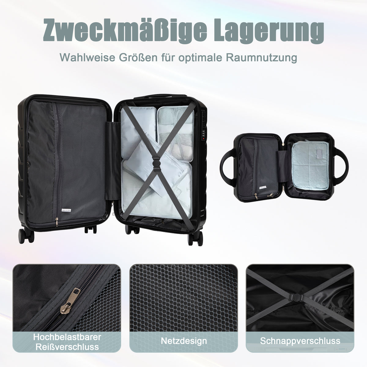 2-teiliges ABS-Kofferset 14 Zoll und 19 Zoll mit Zahlenschloss und Kosmetiktasche