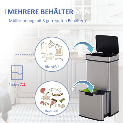 Automatischer Sensor-Mülleimer 72L – Edelstahl Mülltrennsystem mit 3 Fächern