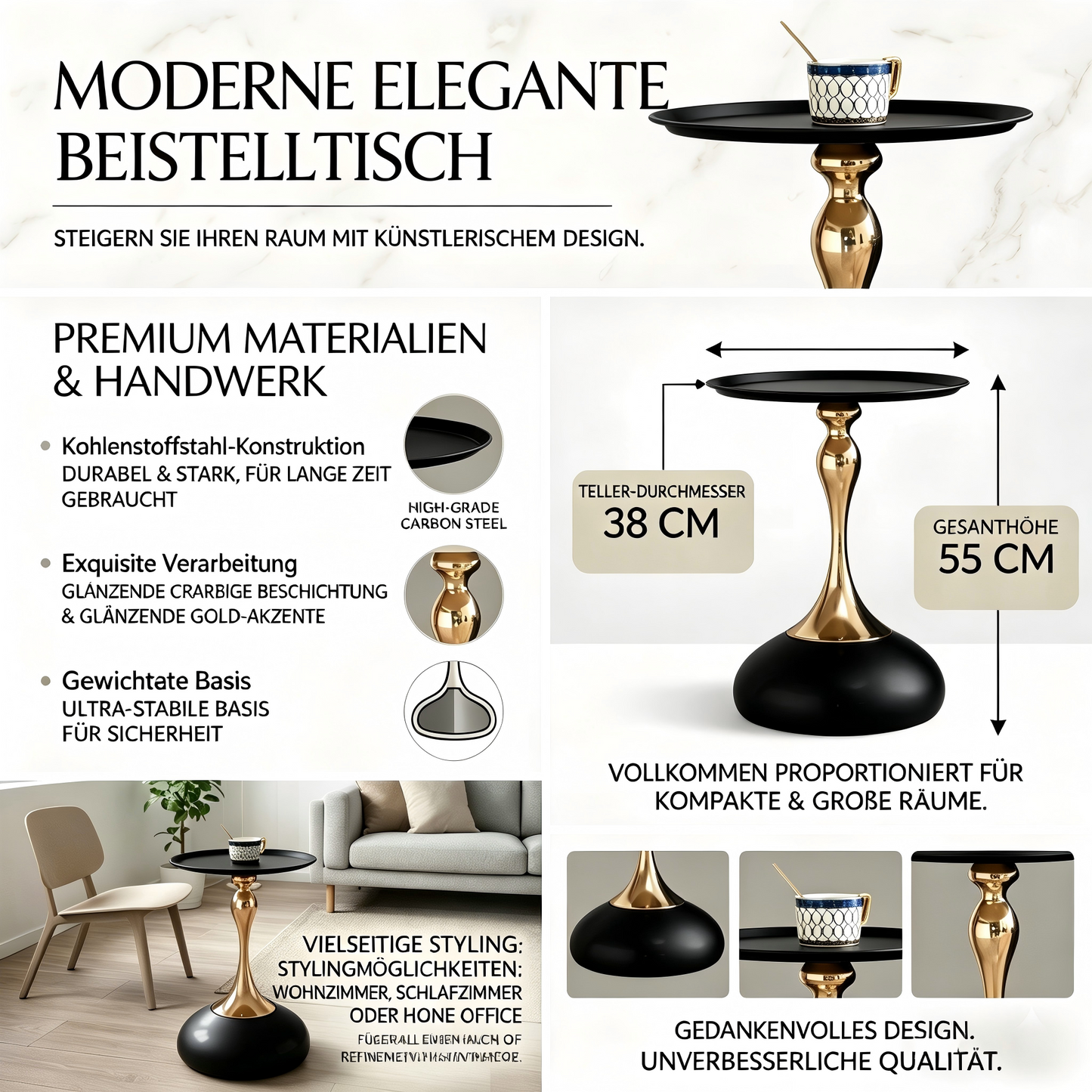 Runder Beistelltisch 38 cm in Schwarz-Gold mit Metallbasis