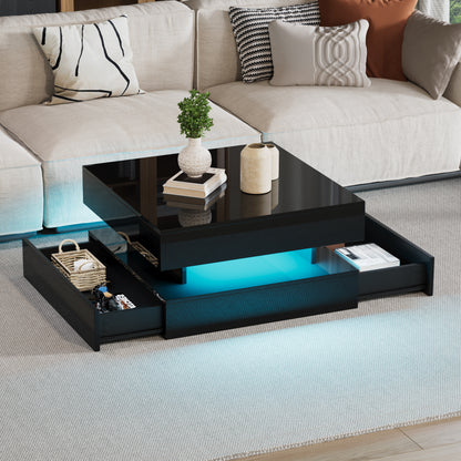 Höhenverstellbarer Couchtisch 65 × 65 × 38,5 cm mit LED, 2 Schubladen und verborgenem Stauraum in Schwarz