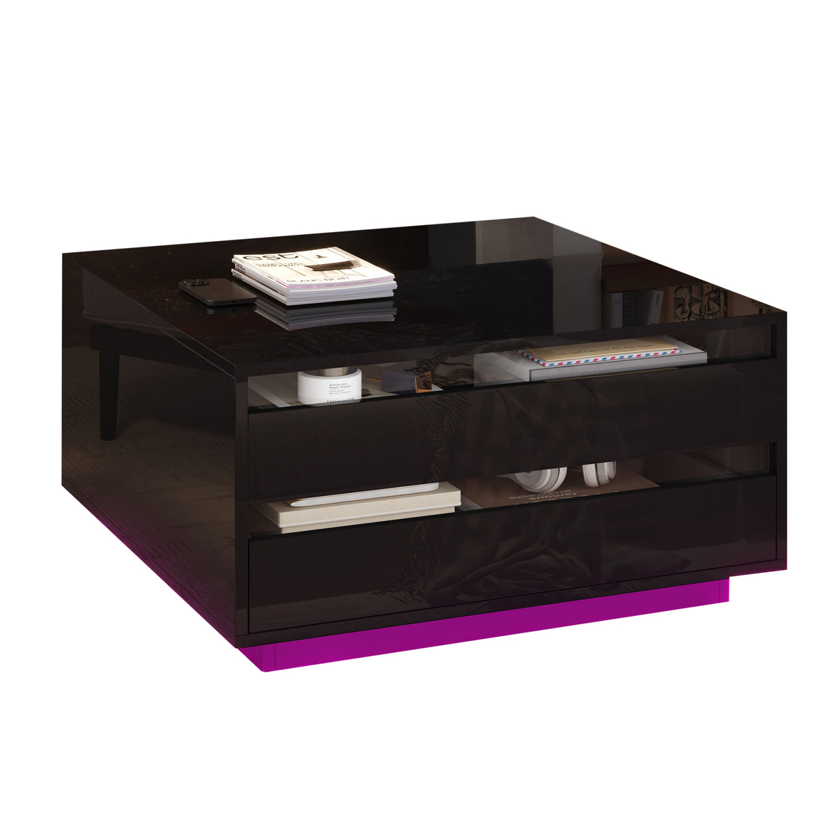 Couchtisch 70 x 70 x 38 cm mit LED-Beleuchtung, Hubfunktion, Schublade und Stauraum, Schwarz