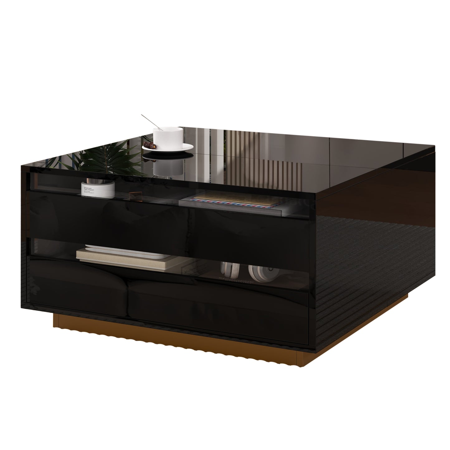Couchtisch 70 x 70 x 38 cm mit LED-Beleuchtung, Hubfunktion, Schublade und Stauraum, Schwarz