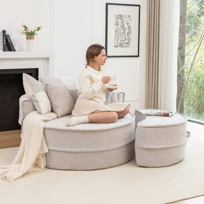 Runde Chaiselongue mit 5 Kissen und Hocker, Grau