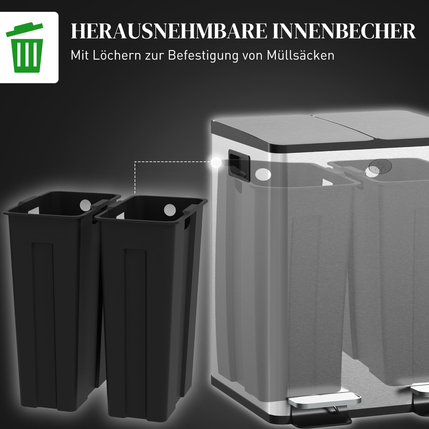 2 x 20 L Doppelmülleimer mit Pedalöffnung – Edelstahl/Kunststoff, Silber