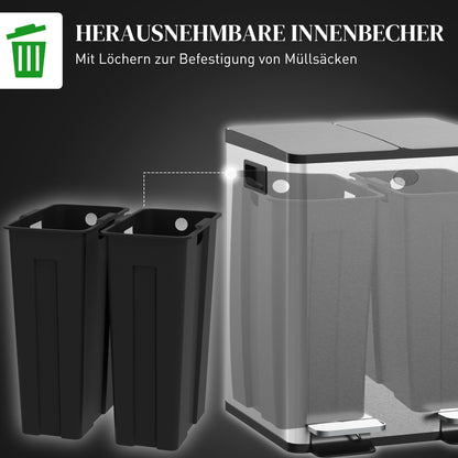 2 x 20 L Doppelmülleimer mit Pedalöffnung – Edelstahl/Kunststoff, Silber