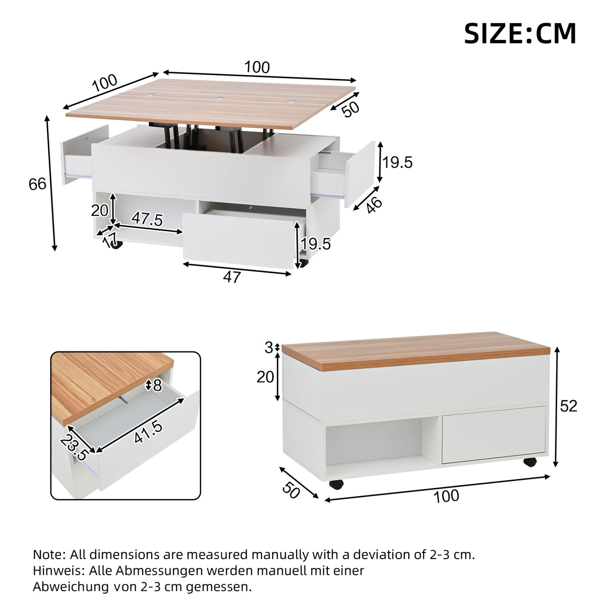 Multifunktionaler Couchtisch 100 × 50 × 52 cm mit 4 Rollen, 4 Schubladen und ausklappbarer Tischplatte in Weiß und Eiche