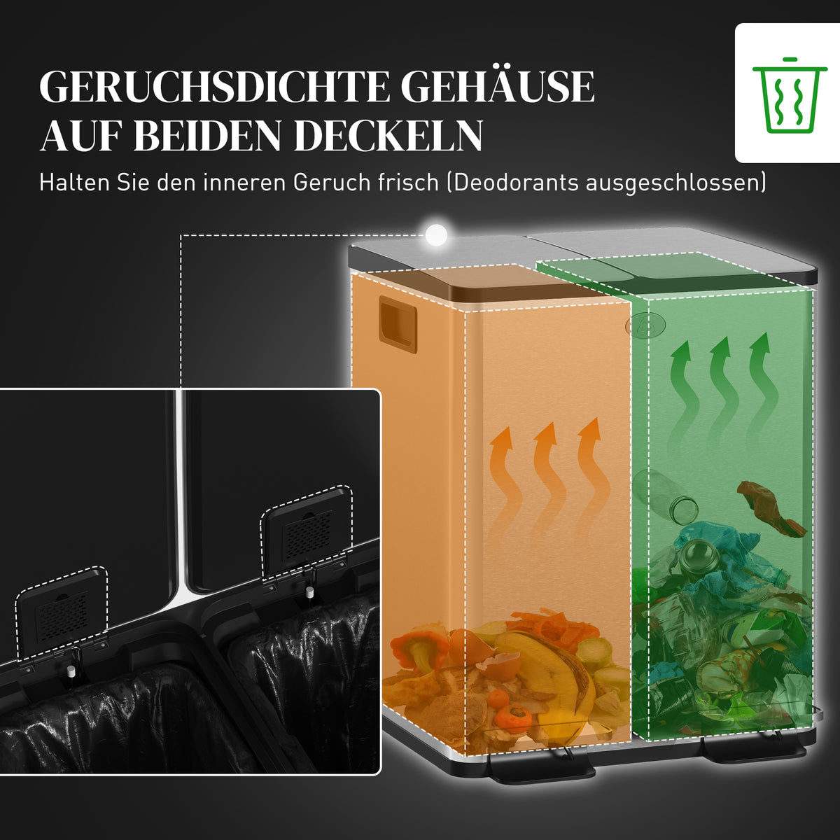 2 x 20 L Doppelmülleimer mit Pedalöffnung – Edelstahl/Kunststoff, Silber