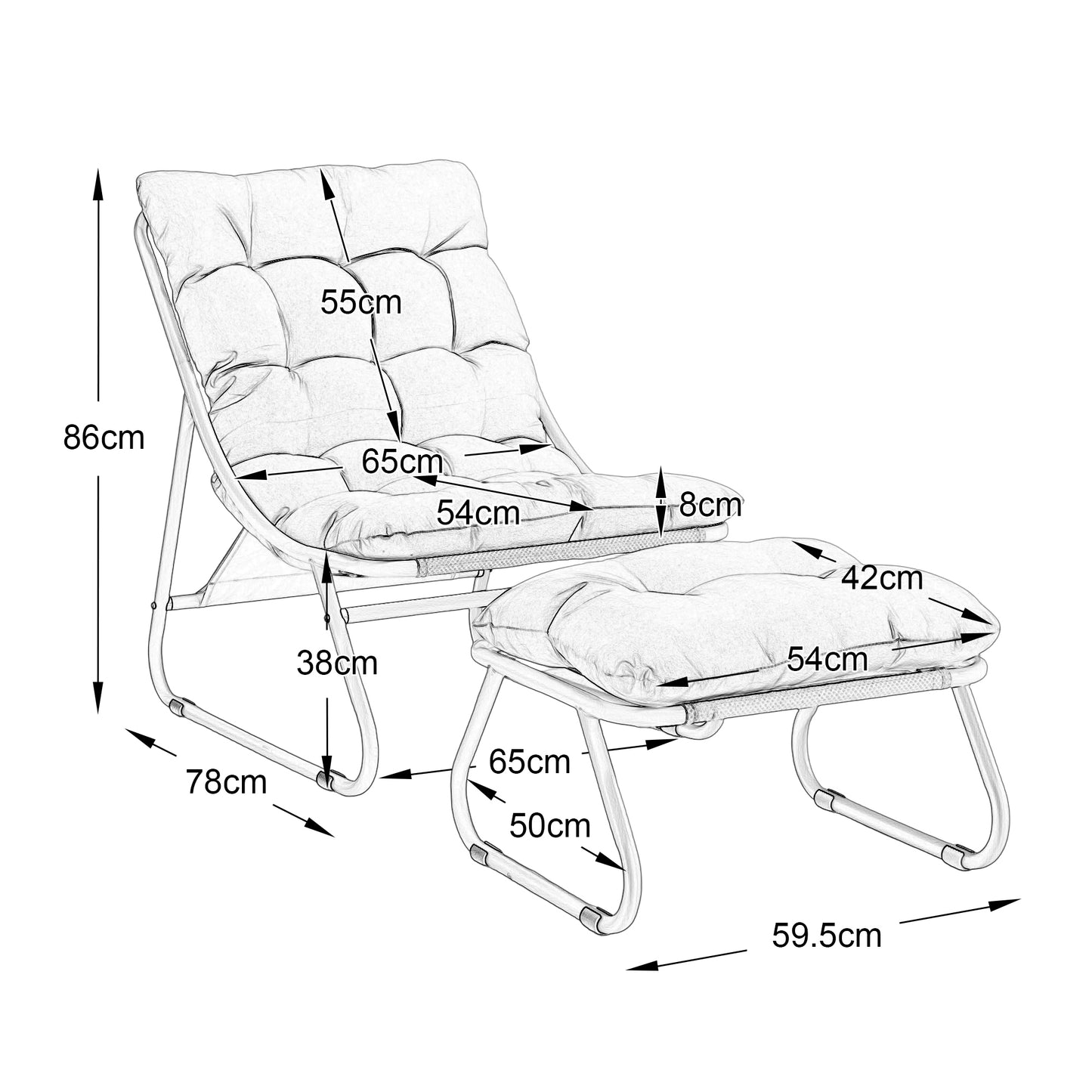 Outdoor-Loungesessel mit Hocker – Komfortabler Relaxsessel mit Kissen und Fußstütze, ideal für Wohnzimmer, Schlafzimmer und Lesezimmer, schwarzer Rahmen mit marineblauem Kissen