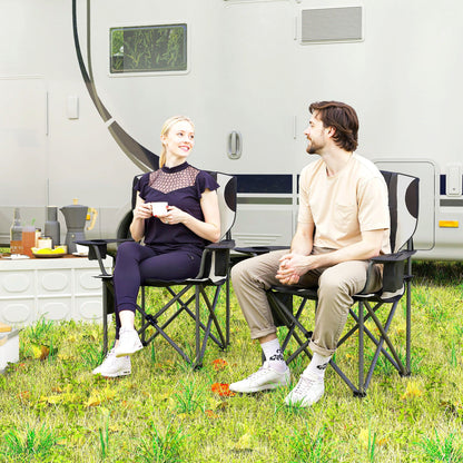 2er-Set Klapp-Campingstühle mit Armlehnen, Getränkehalter, Kopfstütze und Kühltasche in Schwarz