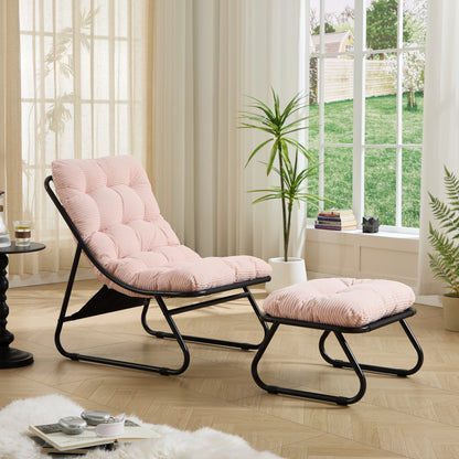 Outdoor-Loungestuhl mit Hocker, bequemer Schlingensessel mit Polsterkissen und Fußhocker, ideal für Wohnzimmer, Schlafzimmer und Lesezimmer, schwarzer Rahmen mit rosa Kissen