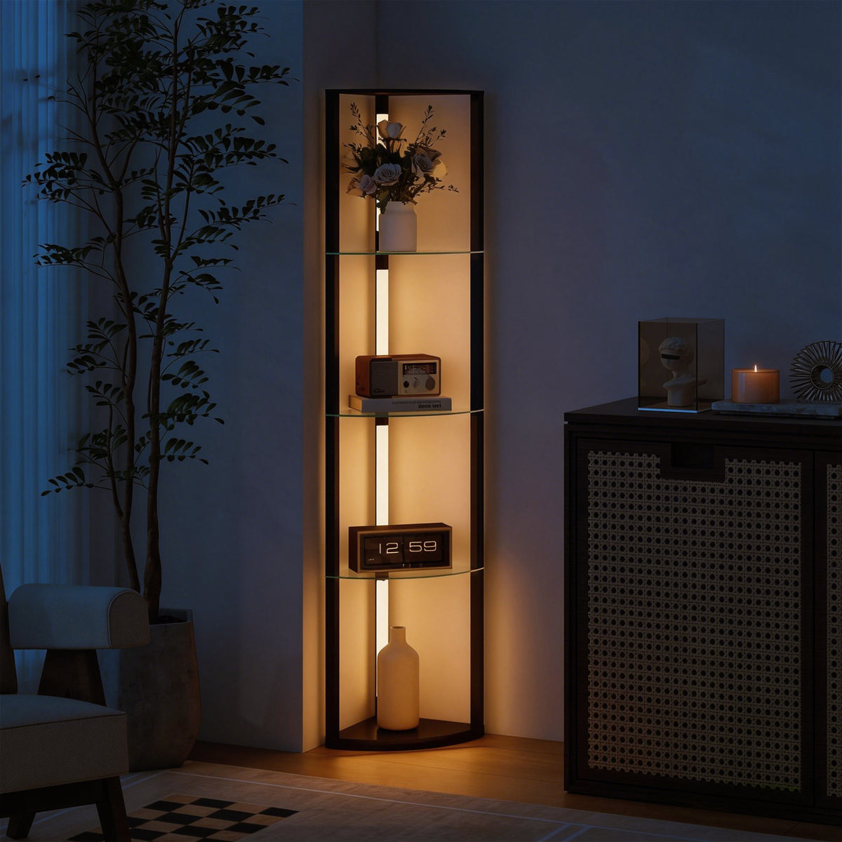 LED-Stehlampe mit Glasregalen und 3 Helligkeitsstufen, Schwarz