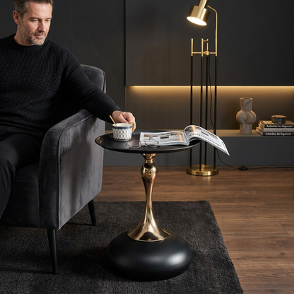 Runder Beistelltisch 38 cm in Schwarz-Gold mit Metallbasis