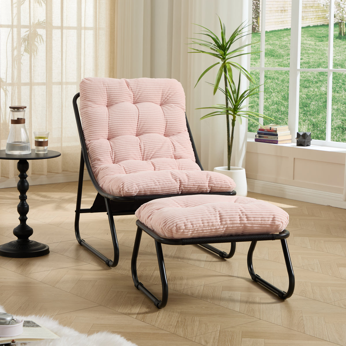 Outdoor-Loungestuhl mit Hocker, bequemer Schlingensessel mit Polsterkissen und Fußhocker, ideal für Wohnzimmer, Schlafzimmer und Lesezimmer, schwarzer Rahmen mit rosa Kissen