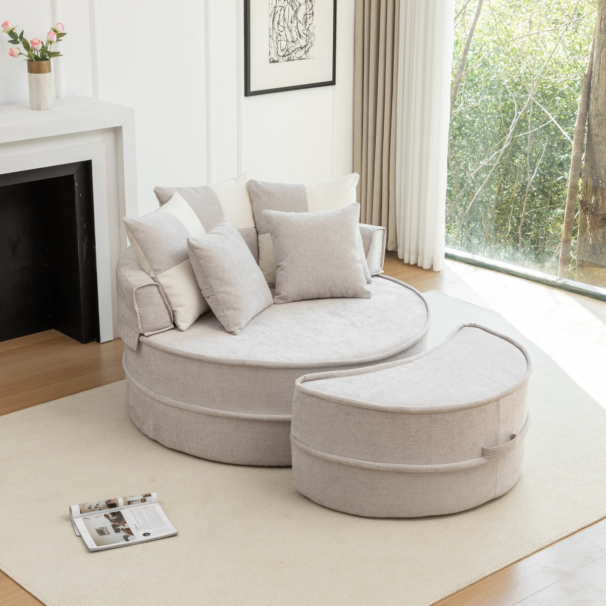 Runde Chaiselongue mit 5 Kissen und Hocker, Grau
