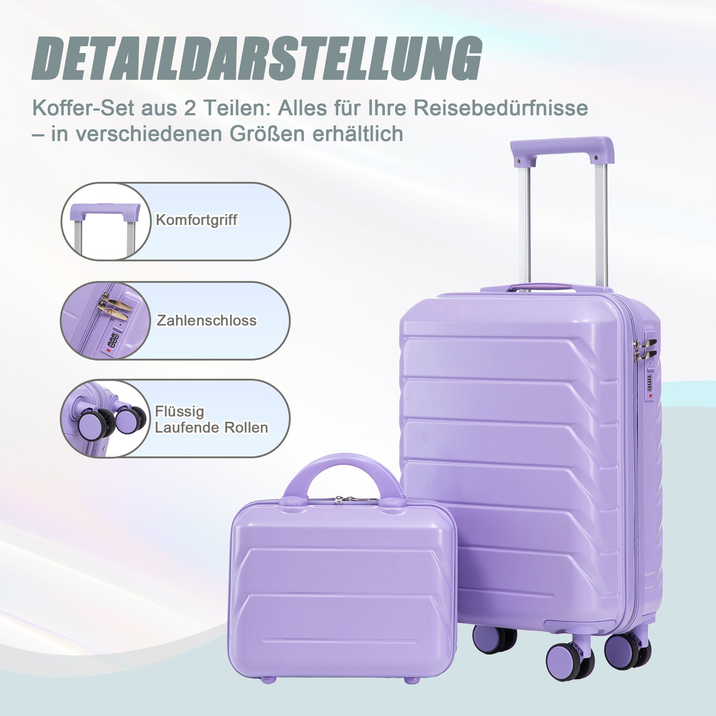 2-teiliges ABS-Kofferset 14 und 19 Zoll mit Zahlenschloss und 14-Zoll-Kosmetiktasche, Blau/Lila