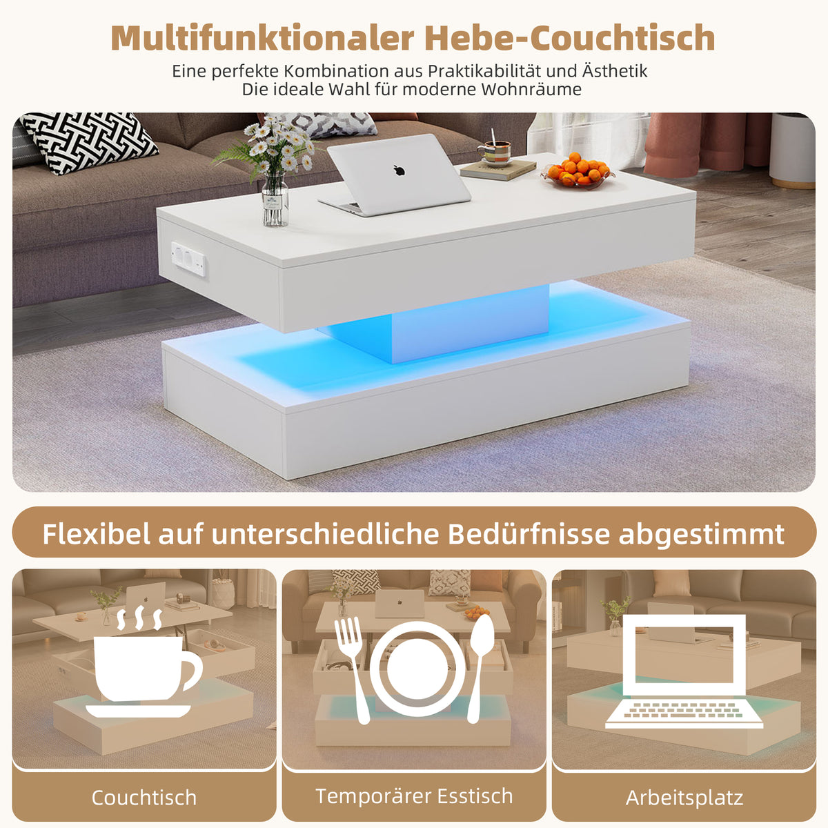 Moderner Couchtisch mit LED-Beleuchtung und verborgenem Stauraum – Beistelltisch mit hydraulischem Hub, 100 × 50 × 42 cm, 50 kg Traglast