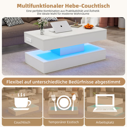 Moderner Couchtisch mit LED-Beleuchtung und verborgenem Stauraum – Beistelltisch mit hydraulischem Hub, 100 × 50 × 42 cm, 50 kg Traglast