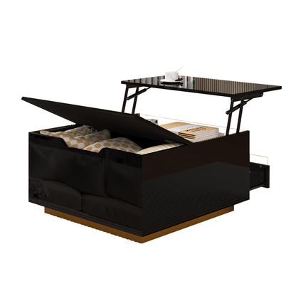Couchtisch 70 x 70 x 38 cm mit LED-Beleuchtung, Hubfunktion, Schublade und Stauraum, Schwarz