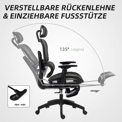 Ergonomischer Bürostuhl mit Netzstoffbezug, Fußstütze & 3D-Armlehnen – Schwarz