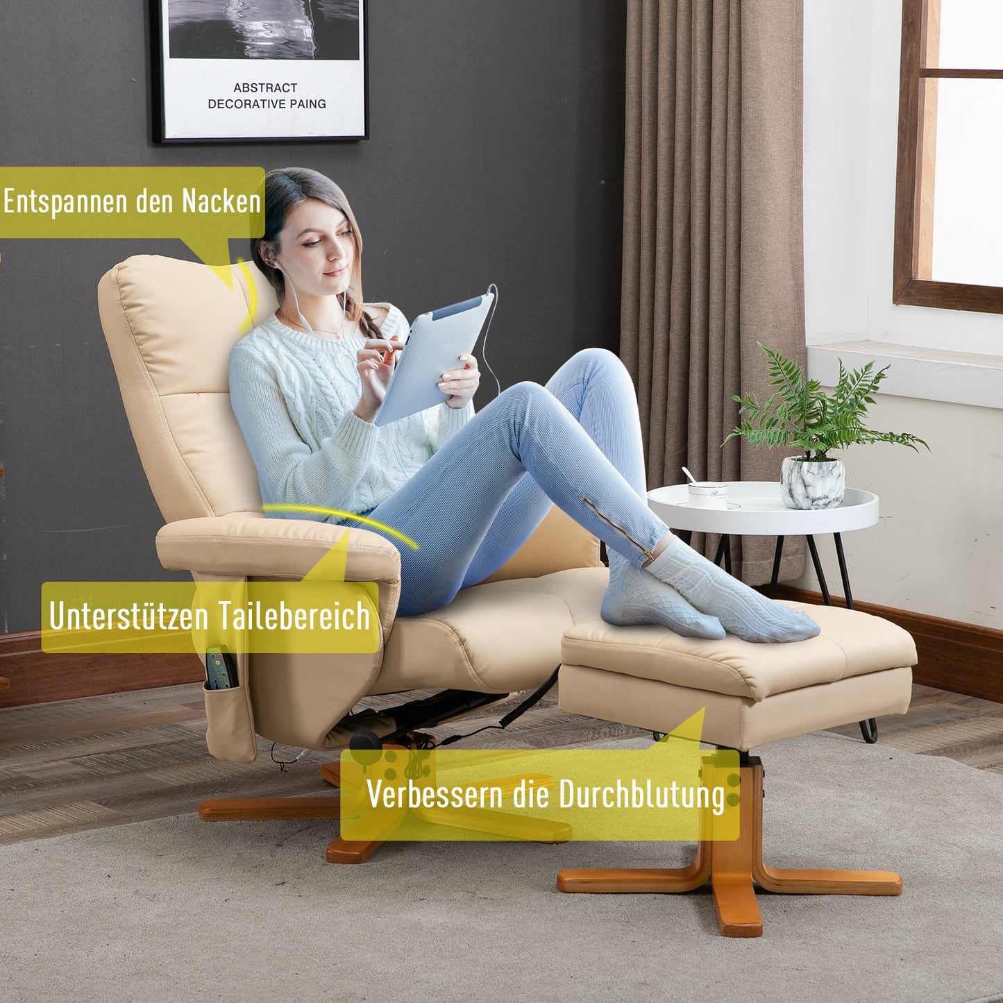 Massagesessel mit Fußhocker & Stauraum – Liegefunktion 145°, Kunstleder, Cremeweiß
