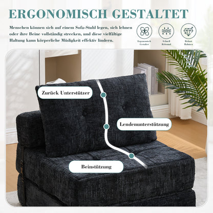 Klappbares Schlafsofa mit Kissen und Rückenlehne, tragbares Bodensofa für Wohnzimmer und Schlafzimmer, Schwarz, Chenille