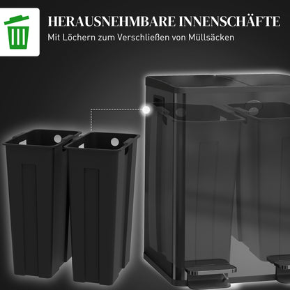 2 X 20 L Doppelmülleimer, Pedalöffnung, Leicht Zu Reinigen, Edelstahl, Kunststoff, Schwarz