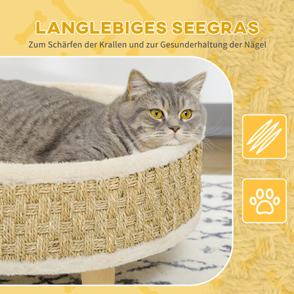 Haustierbett für Katzen und kleine Hunde aus Seegras mit waschbarem Kissen 48 × 48 × 24,5 cm Beige und Khaki Natur