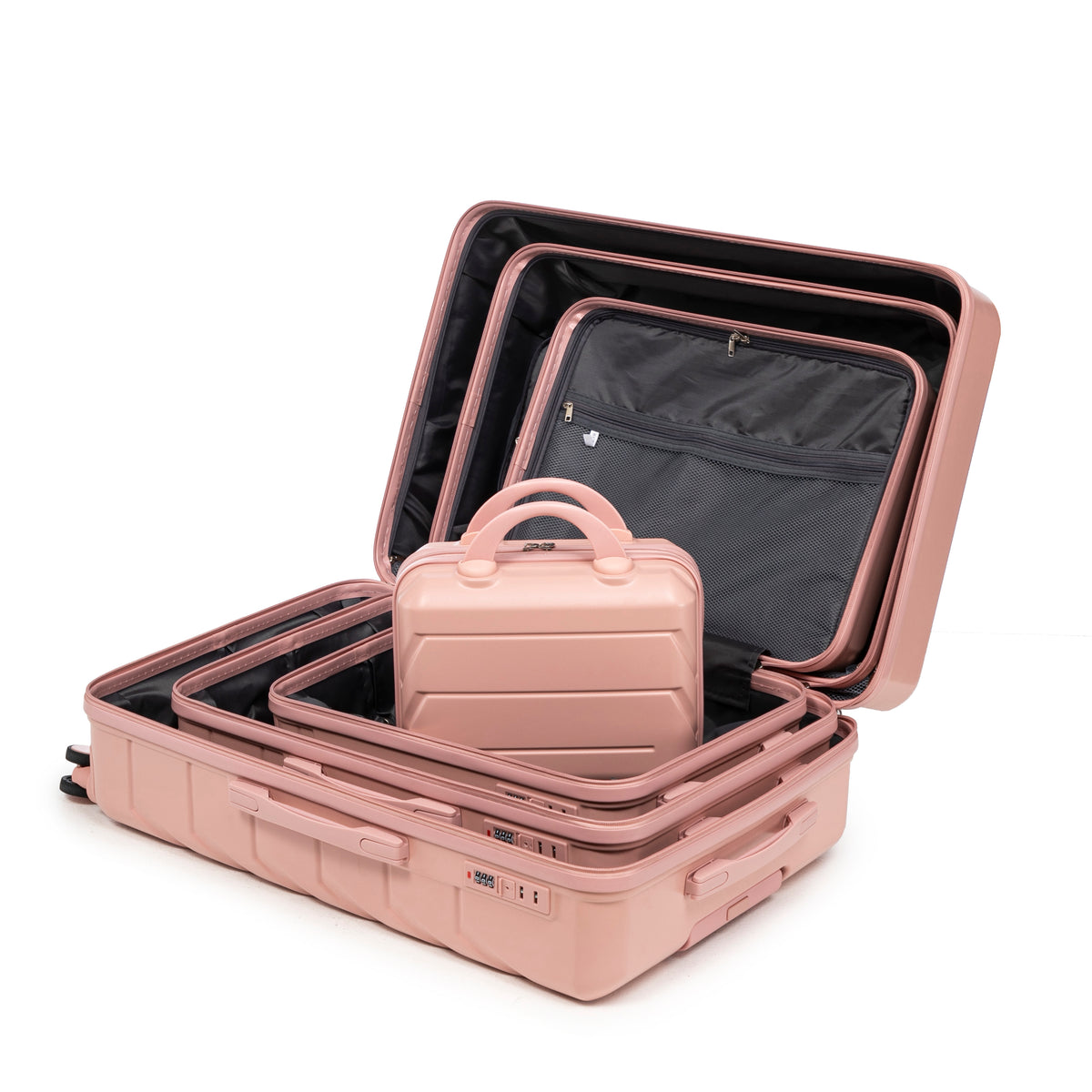 4-teiliges ABS-Spinner-Kofferset 14/19/24/28 Zoll in Rosa – Zahlenschloss, Seitengriffe und Kosmetikkoffer
