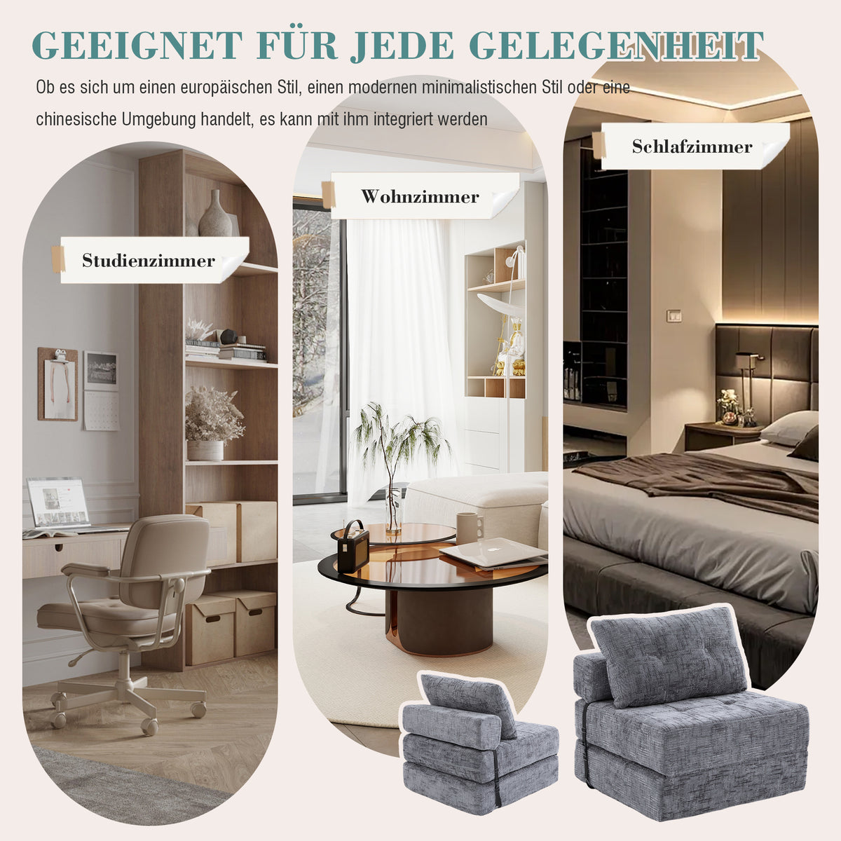 Faltbares Schlafsofa mit Kissen – Bodenmatte mit Rückenlehne, Grau Chenille