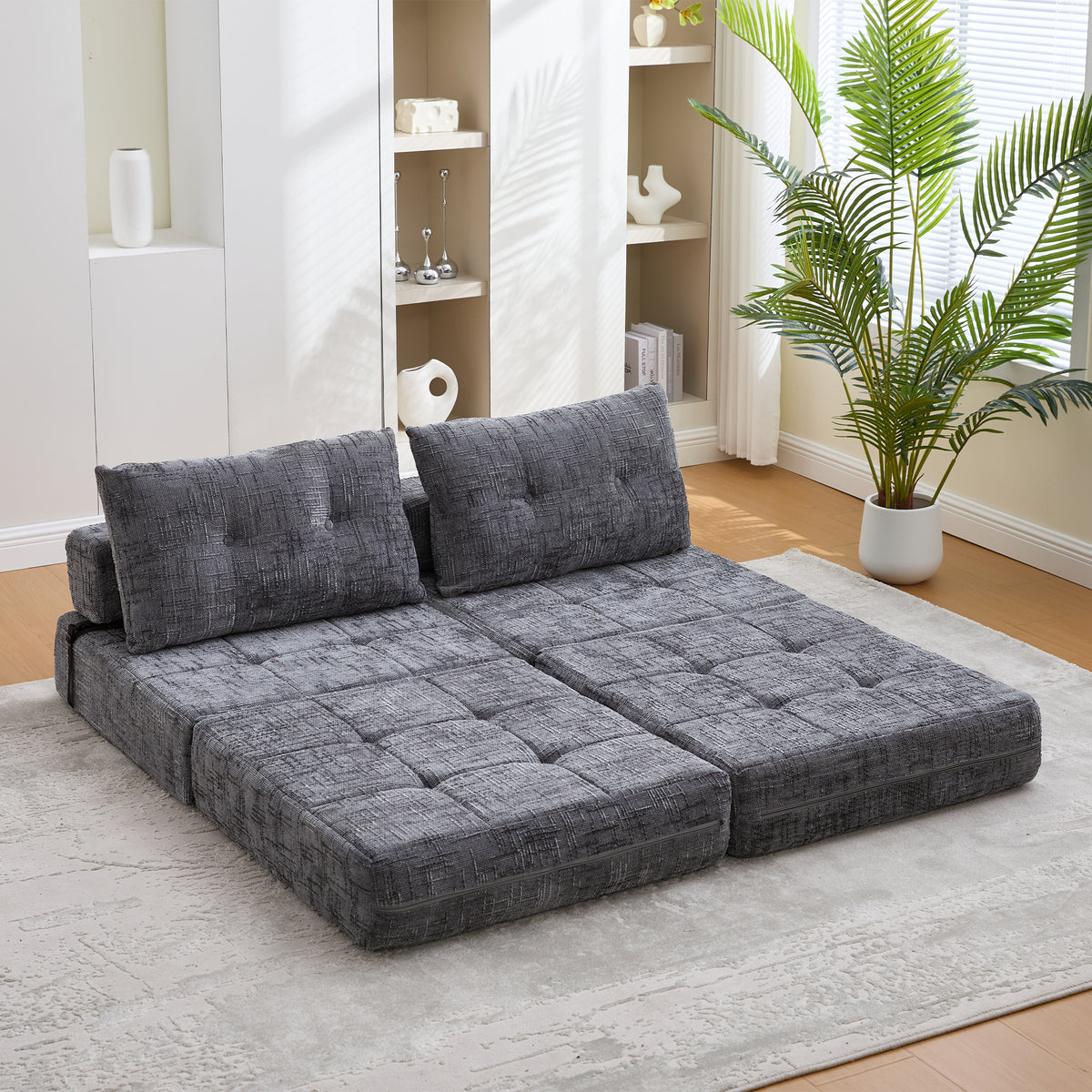 Faltbares Schlafsofa mit Kissen – Bodenmatte mit Rückenlehne, Grau Chenille