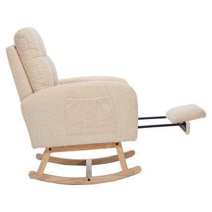 Teddy-Velvet Schaukelstuhl – Beiger Sessel mit Massivholzrahmen, versteckter Fußstütze & hoher Schaumstoffpolsterung, ideal für Wohnzimmer, Schlafzimmer & Kinderzimmer