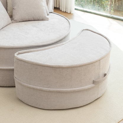 Runde Chaiselongue mit 5 Kissen und Hocker, Grau