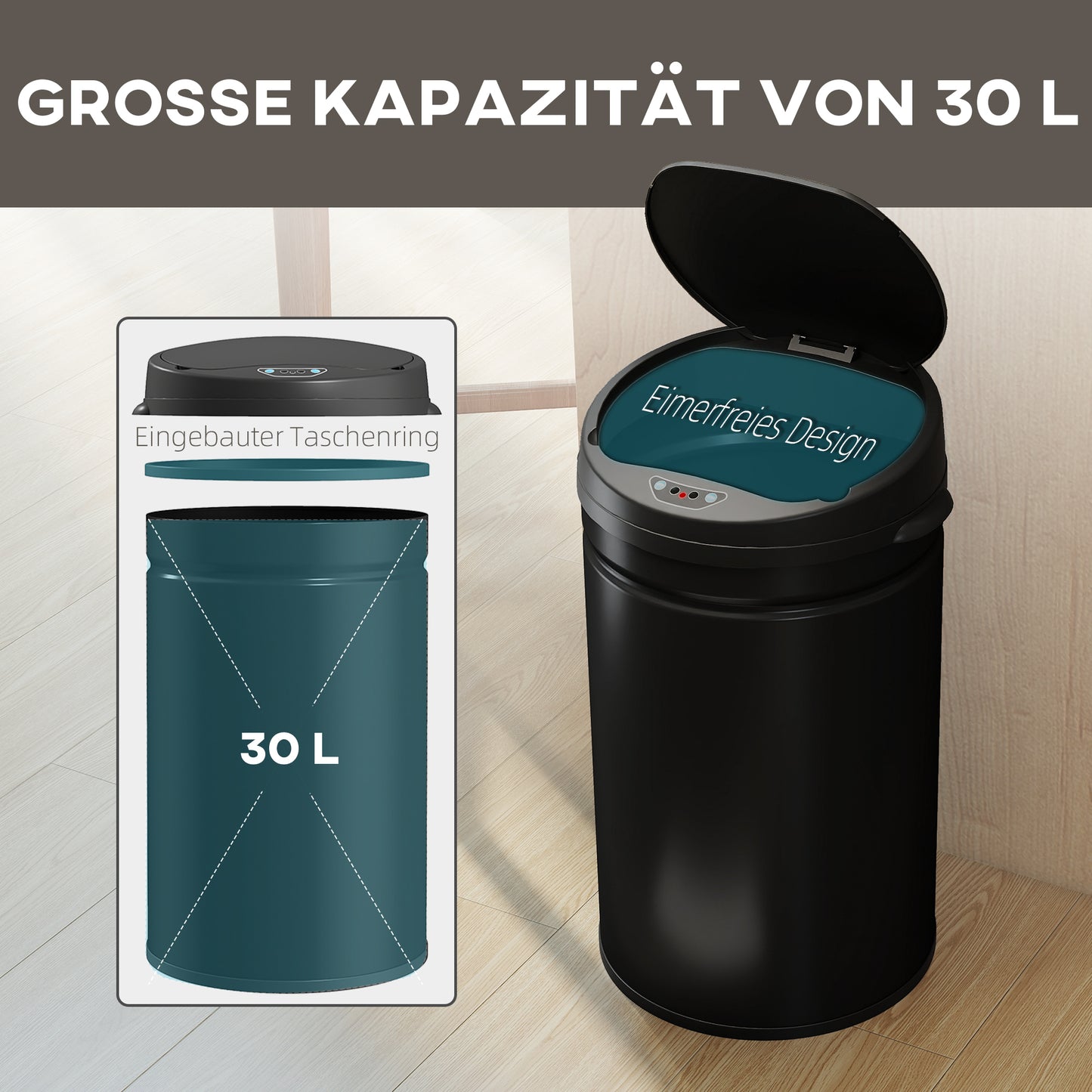 30 Liter Sensor-Mülleimer mit Soft-Close-Funktion – Berührungsfreier Edelstahl-Abfalleimer für die Küche