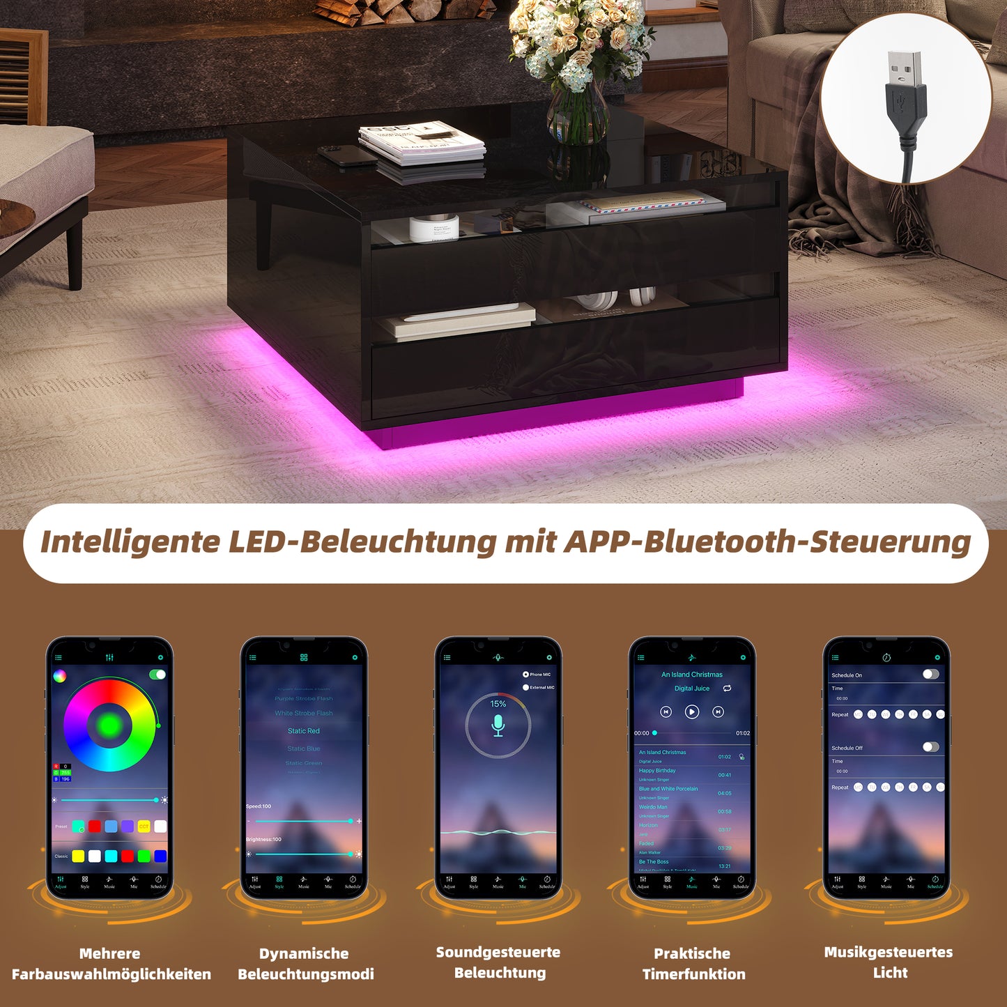 Couchtisch 70 x 70 x 38 cm mit LED-Beleuchtung, Hubfunktion, Schublade und Stauraum, Schwarz