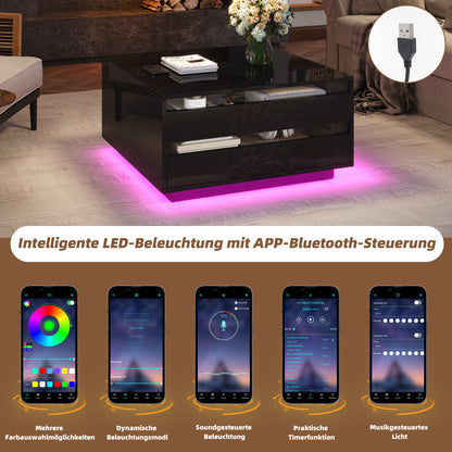Couchtisch 70 x 70 x 38 cm mit LED-Beleuchtung, Hubfunktion, Schublade und Stauraum, Schwarz