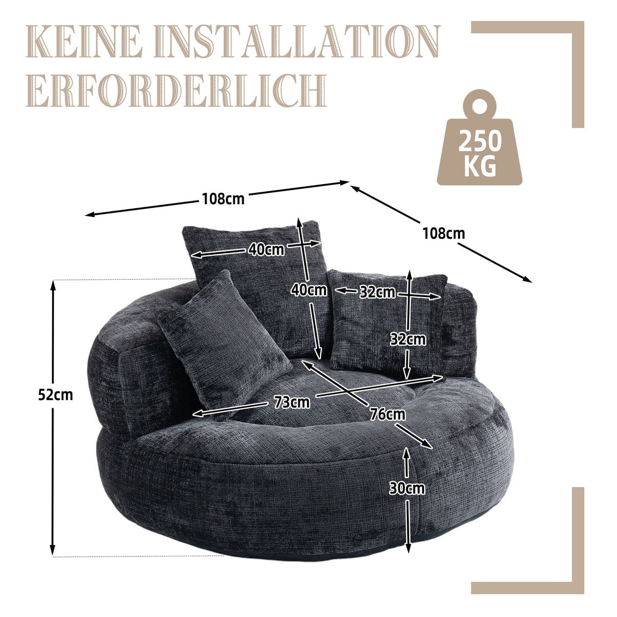 Lazy Sofa – Komfort-Lounger mit hoher Rückenlehne, Bean-Bag-Sessel mit drei Kissen für Erwachsene und Kinder, In- & Outdoor, Gaming-Sessel für Schlafzimmer und Büro (Schwarz, Chenille)