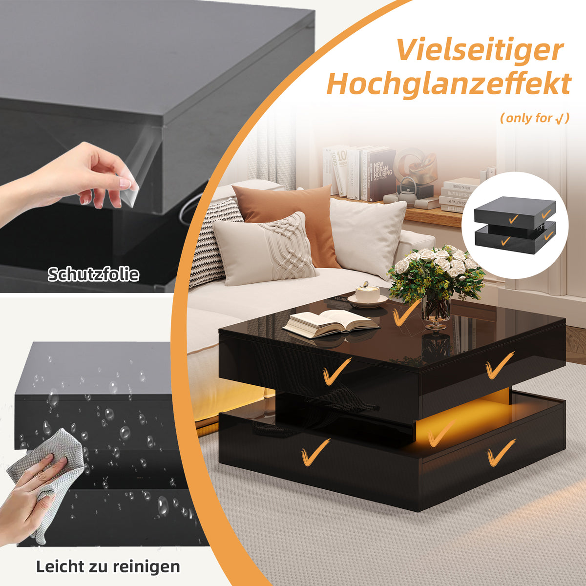 Höhenverstellbarer Couchtisch 65 × 65 × 38,5 cm mit LED, 2 Schubladen und verborgenem Stauraum in Schwarz