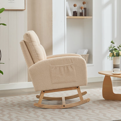 Teddy-Velvet Schaukelstuhl – Beiger Sessel mit Massivholzrahmen, versteckter Fußstütze & hoher Schaumstoffpolsterung, ideal für Wohnzimmer, Schlafzimmer & Kinderzimmer