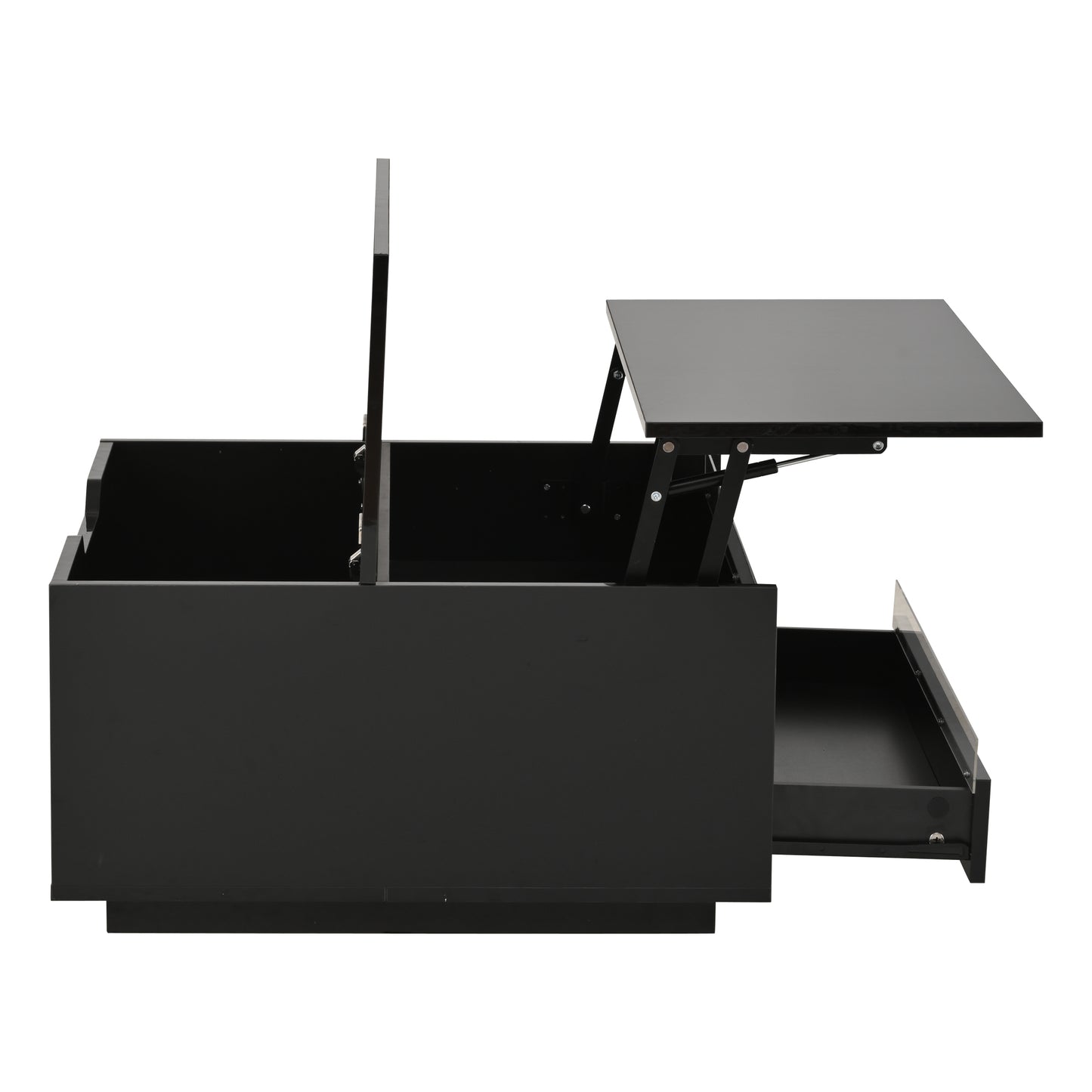Couchtisch 70 x 70 x 38 cm mit LED-Beleuchtung, Hubfunktion, Schublade und Stauraum, Schwarz