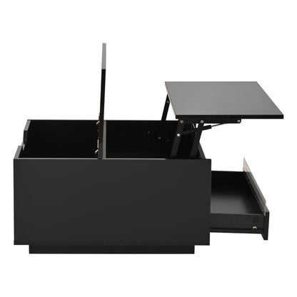 Couchtisch 70 x 70 x 38 cm mit LED-Beleuchtung, Hubfunktion, Schublade und Stauraum, Schwarz