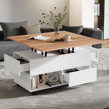 Multifunktionaler Couchtisch 100 × 50 × 52 cm mit 4 Rollen, 4 Schubladen und ausklappbarer Tischplatte in Weiß und Eiche