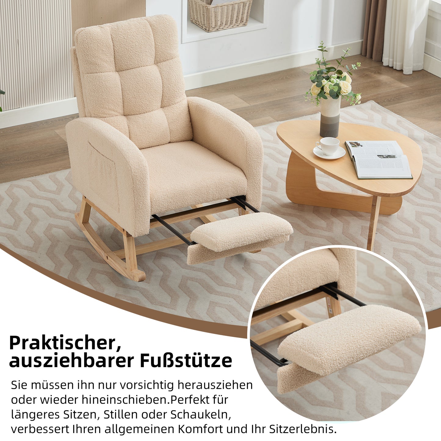 Teddy-Velvet Schaukelstuhl – Beiger Sessel mit Massivholzrahmen, versteckter Fußstütze & hoher Schaumstoffpolsterung, ideal für Wohnzimmer, Schlafzimmer & Kinderzimmer