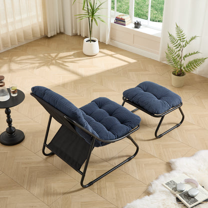 Outdoor-Loungesessel mit Hocker – Komfortabler Relaxsessel mit Kissen und Fußstütze, ideal für Wohnzimmer, Schlafzimmer und Lesezimmer, schwarzer Rahmen mit marineblauem Kissen